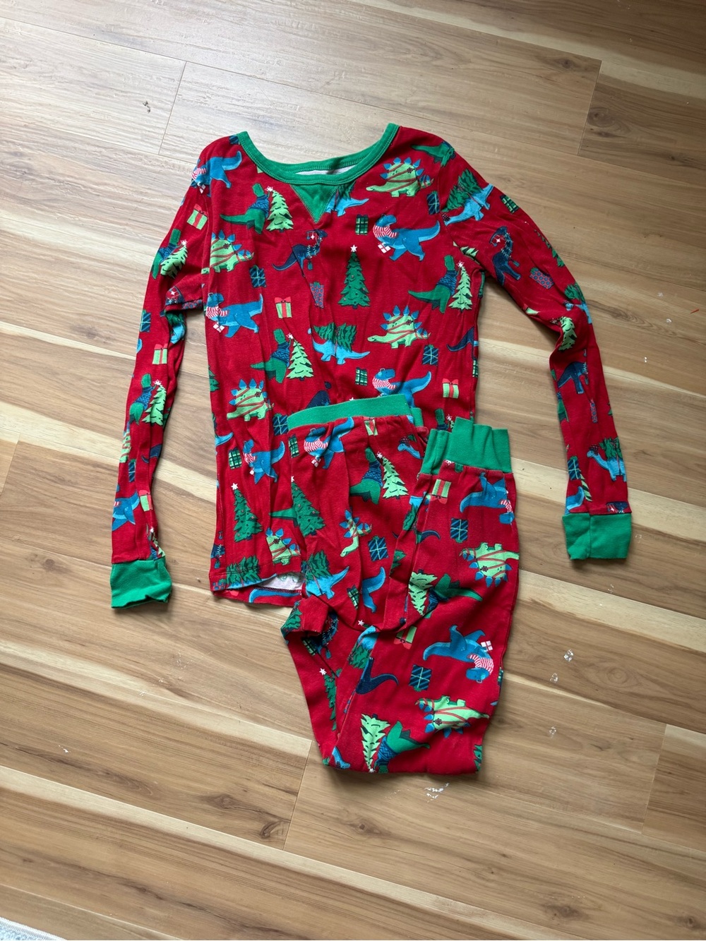Red Christmas Dinosaur Pajama Set with Green Trim